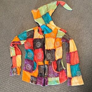 Colorful Patchwork Hoodie with Spiral Design